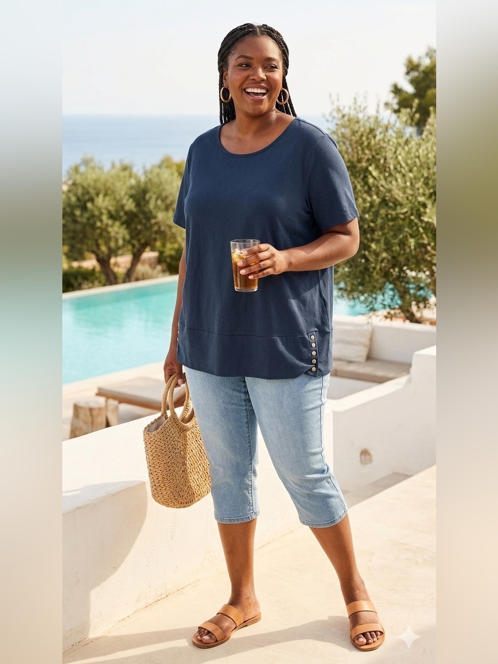 SIZE 3X Denim & Co.® NEW Knit Top Navy Blue Cotton Blend Button Detail
